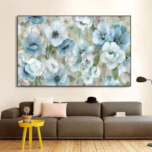 Fleurs bleu clair tableau abstrait encadré décoration murale grand format 70x120cm