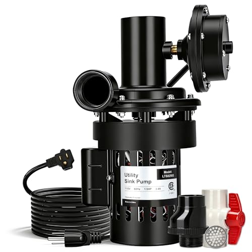 Automatic Utility Sink Drain Pump Directly Installed Under the Sink for Laundry & Basement, 1/3 HP Gravity Free Drainage Sink Pump with Drainage Filter Screen & Check Valve & Ball Valve