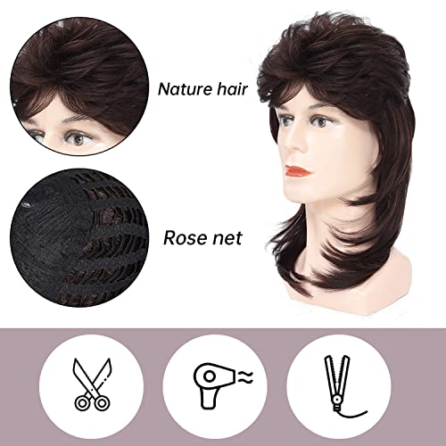 Image of Mullet Wigs for Men Joe Dirt Emo Wig 80s 90s Costumes Fancy Party Accessory Cosplay Wig Halloween Man x (Dark Brown)