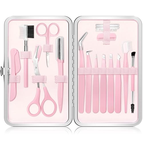 Eyebrow Kit 17 in 1 Tweezers for Women Facial Hair Hair Scissors with Comb Eyebrow Trimmer Brow Brushes Hair Tools Travel Bag Professional Grooming Tweezer Set