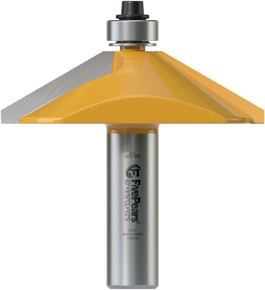 FivePears Chamfer Router Bit 1/2 Inch Shank, 60 Degree, 9/16" Cutting Length, Edge Forming Bevel Carbide Tipped Router Bit with Bearing, Miter Angle Milling Cutters Tool