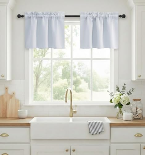 NICETOWN Small Window Blackout Curtains Energy Efficient Kitchen Adjustable Rod Pocket Tier Panels Short Curtains for Basement (2-Pack, W29 x L24-Inch 1.6 inch Header, Greyish White)