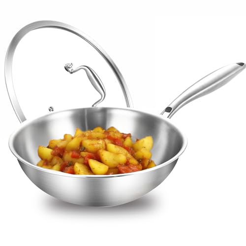 DELARLOCHEF Edelstahl Pfanne 24cm Induktions,Wokpfanne, Der ganze Topf aus dreilagigem Stahl, mit Deckel, induktions- und gasherdgeeignet, 20% energiesparend, Ofenfest bis 400°C, unbeschichtete Pfanne