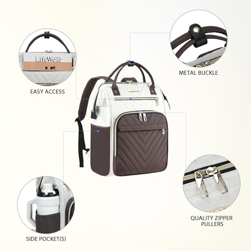 Image of VANKEAN 17 Inch Laptop Backpack for Women Fashion Computer Work Bag, Large Capacity Waterproof Backpack, College Daypack Business Travel, Beige-Coffee
