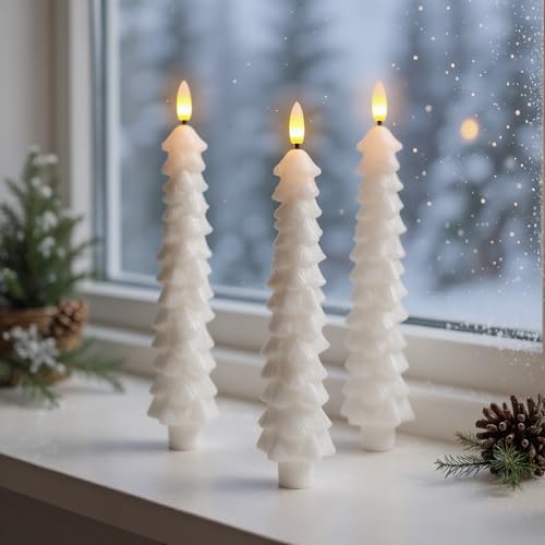 Image of Christmas Tree Candles with Remote Timer, 4 Pcs Waxy Flameless Taper Candles Flickering, Battery Operated LED Candlesticks with 3D Flame Wick, White Window Candle for Christmas Decorations
