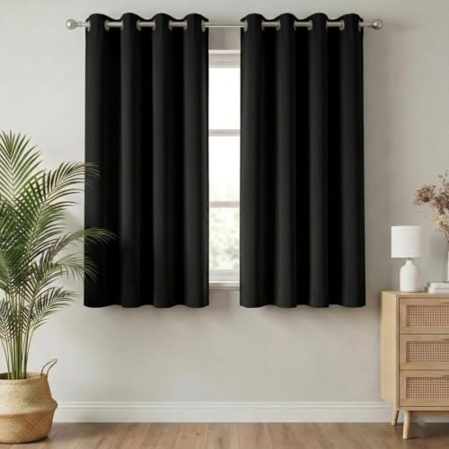 Image of 100% Blackout Window Curtains, 5 Feet, Solid Design, Faux Silk, Thermal Insulated, Noise Reducing Eyelet Door Curtain with Tie Back for Living Room & Bedroom, 115x150cm, Pack of 1 - Black