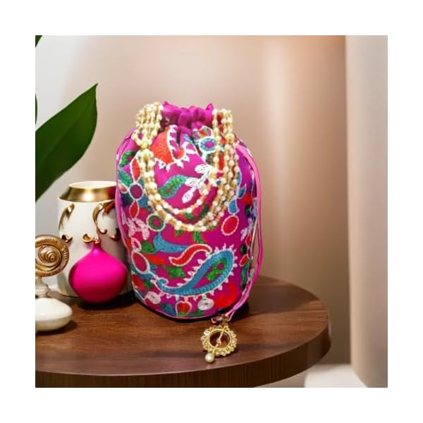 Rhaa Craft Bridal Potli | Paisley Embroidered Purse with Handle for Women, Girls, Teens | Ladies Purse Handbag | Royal Clutch Silk Batwa Bag | Pink Potli - Image 5