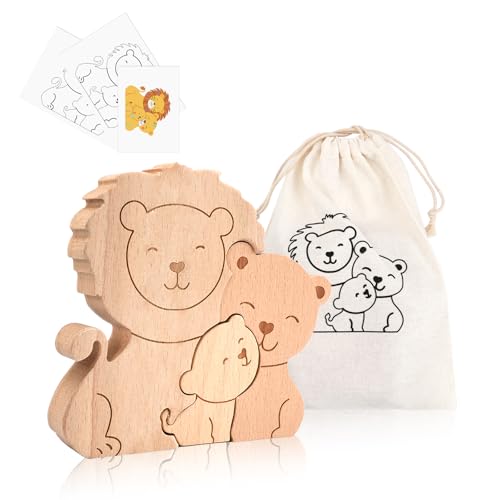 CEYAZYE Wooden Lion Family Puzzle, Personalized Animal Jigsaw Puzzle for Home Decor, Customized Name...
