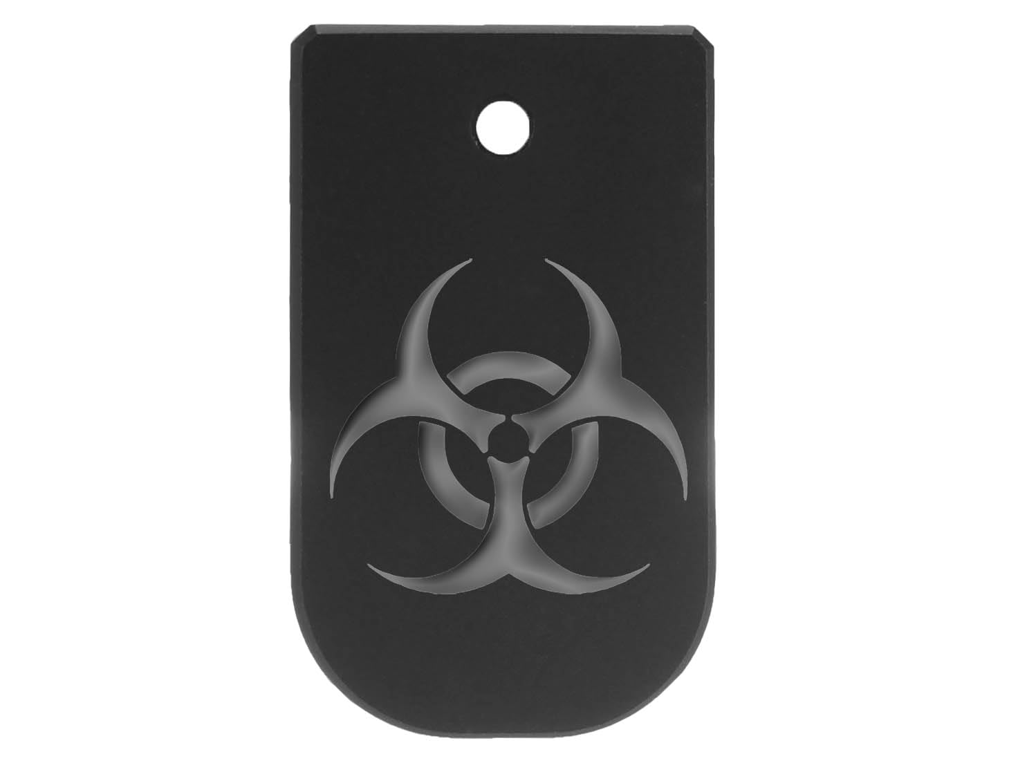 NDZ Performance Magazine Base Plate for Glock 43X 48, 9mm – Black Anodized Aluminum, Color-Filled Engraved Designs – Biohazard – Silver