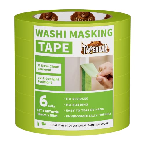 Image of TAPEBEAR Advanced Painters Tape, 21-Days Clean Removal Green Washi Masking Tape 0.7 inch x 60Yards, Medium Adhesion, Indoor Outdoor Multi-Surface Painting with Sharp Lines for Car /Wall Painting, 6Roll