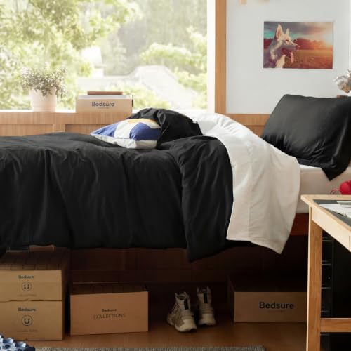 Image of Bedsure Prewashed Twin /Twin XL Duvet Cover, Cotton-Like Bedding Set, Black | Ultra Soft, Relaxed Texture, Twin XL Breathable Comfort, Hidden Zipper, 8 Corner Ties, Easy Care, OEKO-TEX, Year-Round Use