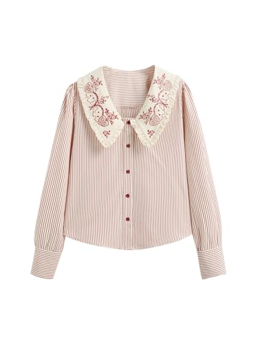 CIDER Shirts for Women Striped Embroidery Oversized Shirt Doll Collar Long Sleeve Blouse V Neck Woven Top