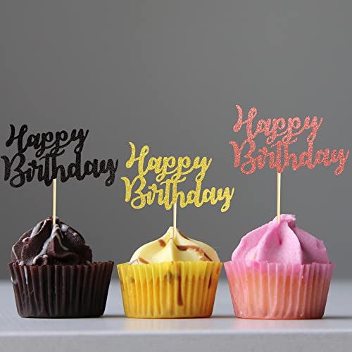 Arthsdite Pack of 48 Pre-Assembled Multi-color Glitter Happy Birthday Cupcake Toppers Cake Food Fruit Picks for Celebrating Birthday Party Decoration Supplies