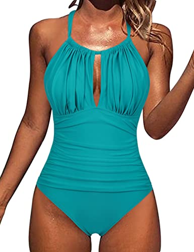 Hilor Maillot de bain une pièce pour femme avec col en V plongeant et contrôle du ventre, Bluebird Blue, 48