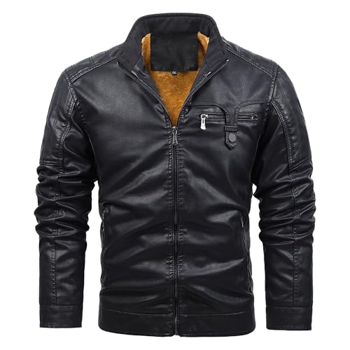 Men's Long-Sleeved Faux Jacket Thickened Plus Motorcycle Pu Leather Coat Casual Stand-Up Collar Zipper Jackets