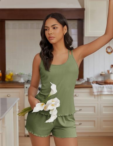 Image of Ekouaer Womens Cami Pajama Sets 2 Piece Ribbed Knit PJs Tank Top and Shorts Set Lingerie Sleepwear