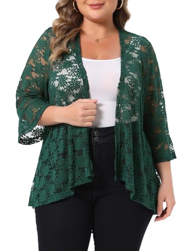 Image of Agnes Orinda Women Plus Size Open Front Lace Cardigans | 3 /4 Bell Sleeve Sheer Formal Bolero Shrugs Lightweight Floral Crochet Cover Up