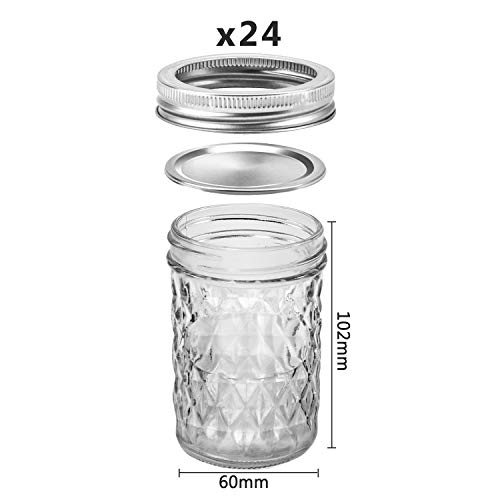 SKOCHE Mason Jars 8 oz 24 Pack Half Pint Canning Jars with Regular Airtight Lids and Bands, Small 8oz Glass Jars with Lids, Ideal for Fermenting, Pickling, DIY Decors, Fruit Preserves, Jam, Jelly