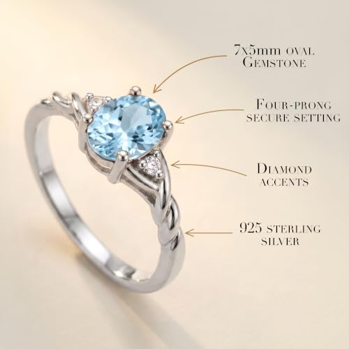 Image of Rylos Sterling Silver Classic Birthstone Ring - 7X5MM Oval Gemstone & Diamonds - Women's Jewelry, Sizes 5-10