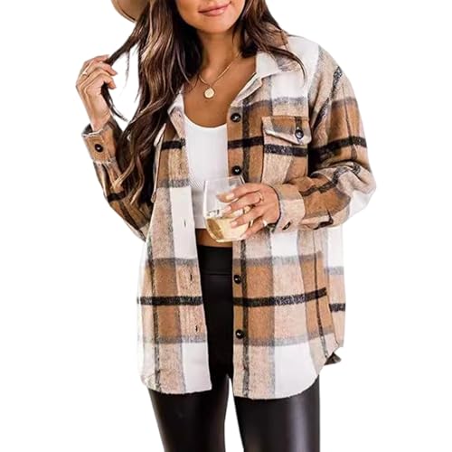 Women's Flannel Plaid Shacket 2025 Fall Outfits Long Sleeve Button Down Shirts Jacket Coats with Side Pockets