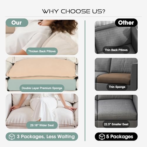 Image of 97 inch L Shaped Sectional Couch, Comfy Chenille Cloud Couch, 5 Seat Modular Cloud Sofa with 2 Pillows & Storage Armrests, Convertible V Shaped Corner Couch, Sectional Couches for Living Room, Beige