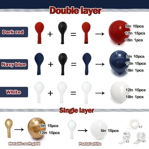 Image of Red White Blue Balloon Arch Double Stuffed, Navy Blue Dark Ruby Red Balloon Garland Kit with Latex Gold for Birthday 4th Of July Patriot Graduation Independence Day Veterans Day Party Decoration