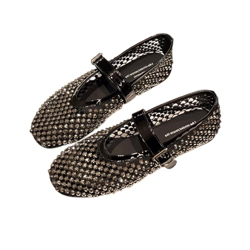 Women Vintage Ballerina Flats Mary Janes Mesh PU Shoes, Candy Colors Diamond Design, Lightweight Casual Girls Teens