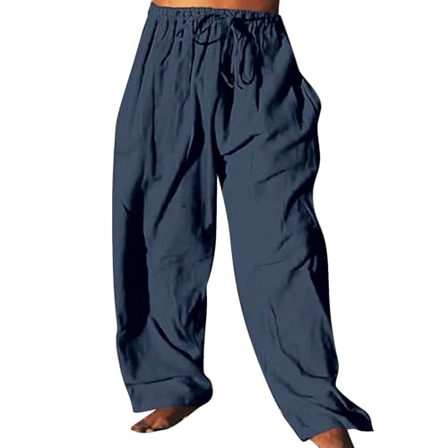 Pantalones de lino para hombre, cintura elástica, pantalones casuales de pierna ancha con hebilla de cinturón y solapa, disponible en colores negro y azul marino, azul marino, S