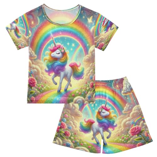 Unicorns Rainbow Pajama Set Short Sleeve Summer Pajamas Sleepwear Nightwear Set Cotton 5Y
