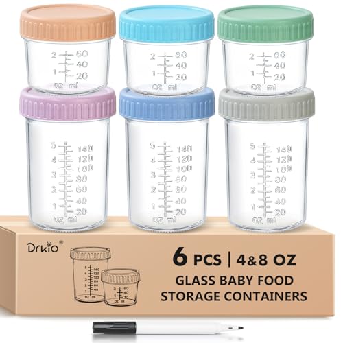 Image of DRKIO 6 Pack Glass Baby Food Storage Containers - 4 & 8 oz Baby Food Jars with Lids Baby Food Maker Microwave Dishwasher Freezer Safe 100% Leak Proof BPA Free Reusable