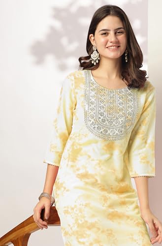 Image of Janasya Women's Yellow Silk Blend Tie & Dye Yoke Embroidered Straight Kurta Pant Set