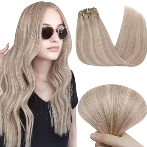 Easyouth 22Inch Clip in Human Hair Extensions Blond Real Human Hair Extensions Clip in Ash Blonde Highlights Bleach Blonde Clips ins Extension Straight Remy Hair for Fullness 5Pcs 70G #18P613