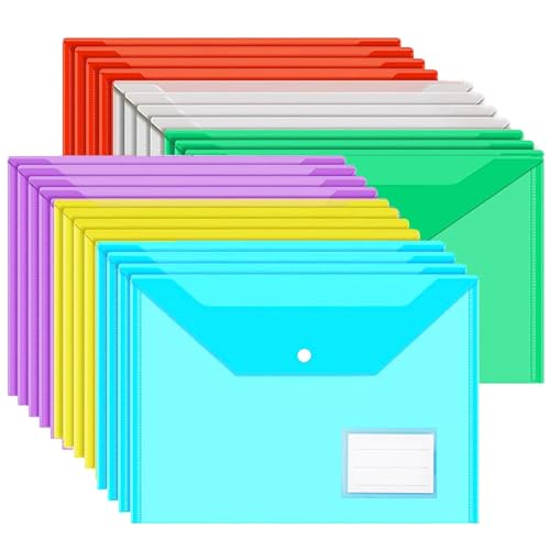 Lot de 24 pochettes en plastique avec bouton A4 coloris assortis