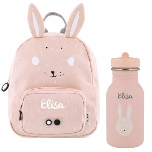 KIDSLINO Personalisierter Kinderrucksack mit Namen, Trixie Hasen-Design, Ideal f&uuml;r Kindergarten, Kita, Verstellbare Gurte, Kinderfreundliche Rei&szlig;verschl&uuml;sse, Optional mit Trinkflasche