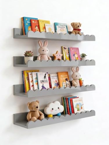 Image of Scalloped Shelves for Nursery - Wall Book Shelves for Bedroom Kids, Nursery Bookshelf for Wall Set of 4, Floating Book Shelves Solid Wood,18 Inch (Grey)