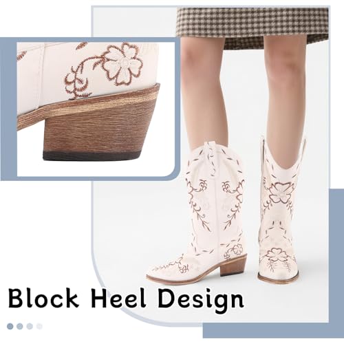 Image of LingxiaUne Cowboy Boots for Women Floral Cowgirl Boots with Pointed Toe and Chunky Heel Mid Calf Western Boot for Concert Festival Country Night Party