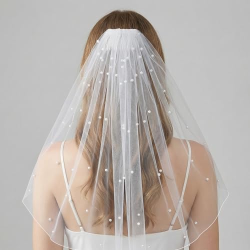 Apojgitn Short Wedding Pearl Veil for Brides, White Bridal Veil with Comb, Single-layer Design Perfect for Courthouse Wedding Dresses and Bride Accessories