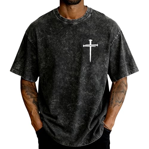 Three Nails Cross Shirt Christian Faith Jesus T-Shirt Casual Acid Wash Crewneck Short Sleeve Oversized Tee for Men Women (Black Large)