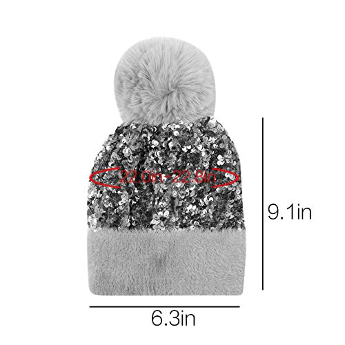 Leomoste Women Girls Winter Sequin Beanie Hat With Faux Fur Pom Pom Knit Skull Cap Grey #TOP2