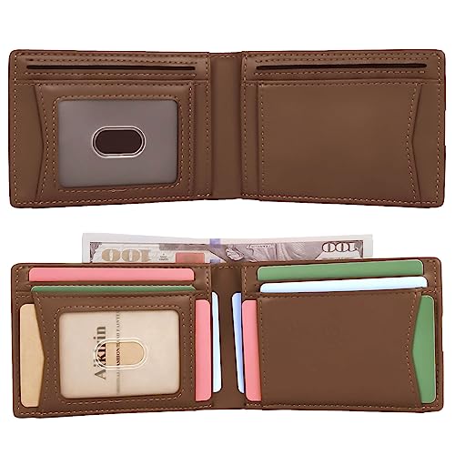 RFID Men Painted Wallet Genuine Leather Bifold Slim Characters Money Clip Minimalist Cards Holder for Male (coffee-Ancient Chinese characters)3