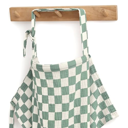 Image of Blissful Diary Muslin Nursing Cover for Breastfeeding, Breathable Breastfeeding Cover up with Arch Neckline for Women, Nursing Apron (Sage Checkboard)