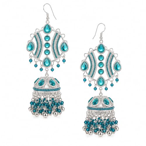 Image of UnfoldSelf Vintage Silver Bollywood Viral Jhumka Earrings | Maula Mere Maula Jhumka Earrings | Statement Ethnic Earrings with Blue Crystal Beads | Oxidised Famous Jewellery for Women & Girls
