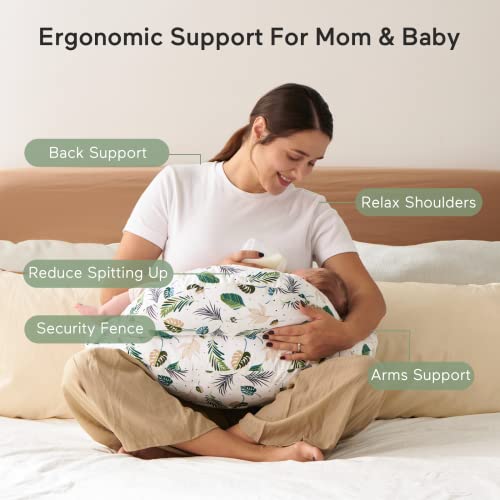 Momcozy Original Nursing Pillow For Breastfeeding, Plus Size Breastfeeding Pillows For More Support, With Adjustable Waist Strap And Removable Cotton Cover, Spring Leaves #TOP2