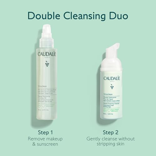 Caudalie Vinoclean Ensemble de soins de la peau, maquillage Suppression de l'huile nettoyante 75 mL et Nettoyeur de mousse instantanée 50 mL Double nettoyage duo