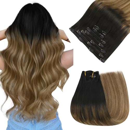 Image of Easyouth Clip in Hair Extensions Human Hair Ombre Black Remy Hair Extensions Clip ins Black Fading to Brown with Caramel Blonde Clips in Extension with Natural Look 16 Inch 7Pcs 120G