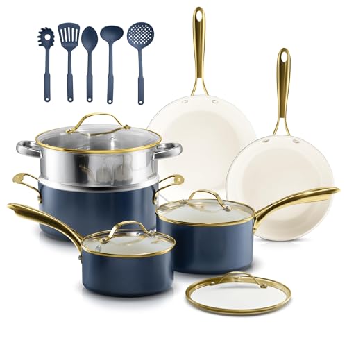 Image of 15 Pc Pots and Pans Set Non Stick - Gotham Steel Ceramic Cookware Set, Diamond Reinforced Nonstick, PFOA & PFAS Free, Non Toxic Kitchen Cookware, Oven Safe to 500F, Dishwasher Safe - Navy