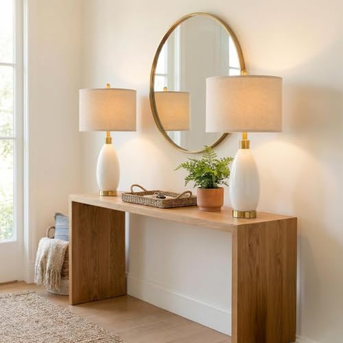 Image of USumkky 24 inch White Oval Ceramic Table Lamp Set of 2, Modern Minimalist Bedside Nightstand Lamps for Bedroom Living Room, Linen Shade & Gold Metal Base, Rotary Switch E26 (Bulbs Excluded)