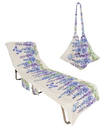 Blue Purple Weeping Floral Beach Lounge Chair Towel Cover, Soft Chaise Lounge Towel with Side Pockets Patio Pool Chairs Cover for Beach/Pool Sunbathing 29x85 Spring Summer Botanical Butterfly Rustic