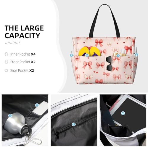 Large Beach Bags for Women Sandproof - Bowtie Heart Pink Print Summer Travel Work Tote Bags with Zipper3