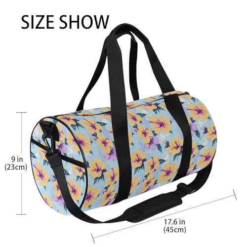 Yellow Hibiscus Flower Sports Duffel Bag Barrel Gym Bag with Large Main Compartment, Side Pocket and Zippered Pouch Full Print Design for Fitness Short Trips and Outdoor Sports4